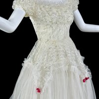 1950s vintage prom dress, frothy white tea length tulle gown