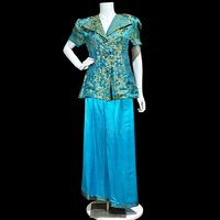 1940s SILK Pajama set, Sea blue and gold damask abstract floral lounging cocktail party pjs, wide leg pants top set