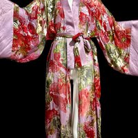 ADAGIO Patricia Fieldwalker, ALL SILK kimono style dressing gown, Sheer see through floral wrap robe