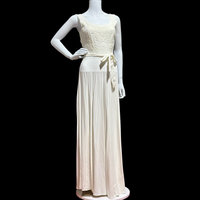 1940s white crepe evening, wedding dress, slip dress with lace bodice and full skirt