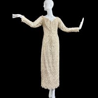 HELEN MORLEY vintage evening gown, beige open work lace sheath formal dress