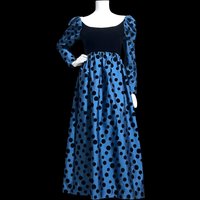 Adele Simpson 1960s vintage evening gown, steel blue taffeta with black velvet flocked polka dots