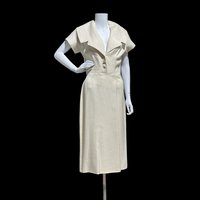 IRENE GALITZINE 1940s vintage oatmeal linen cocktail day dress, wide collar wiggle dress