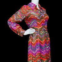 BRENNER COUTURE vintage 1970s hostess dress, silver metallic op art maxi dress