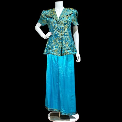 1940s SILK Pajama set, Sea blue and gold damask abstract floral lounging cocktail party pjs, wide leg pants top set