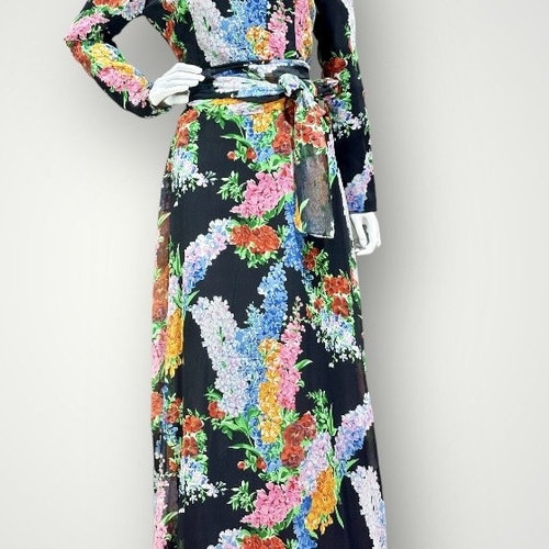 RAZOOK'S vintage evening dress, poly chiffon bold floral maxi gown