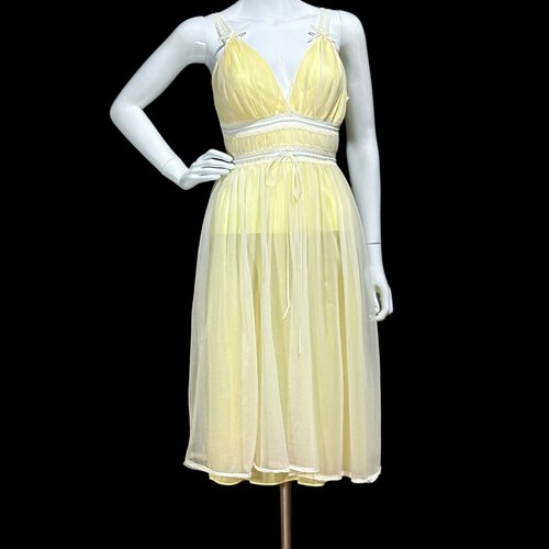 Gotham Gold Stripe 1950s vintage nightgown, butter yellow double chiffon Knee length goddess fairy gown