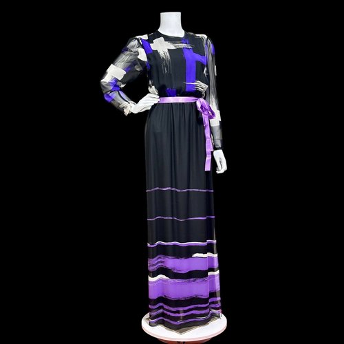 HANAE MORI vintage evening gown for Martha Palm Beach, black and purple poly chiffon dress