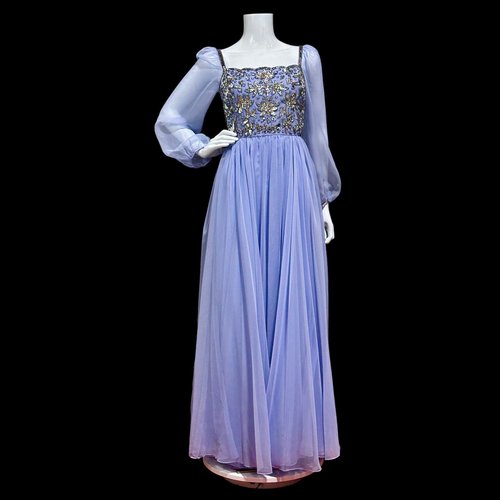 TEFFT'S MIAMI 1960s periwinkle blue evening gown, chiffon beaded gown