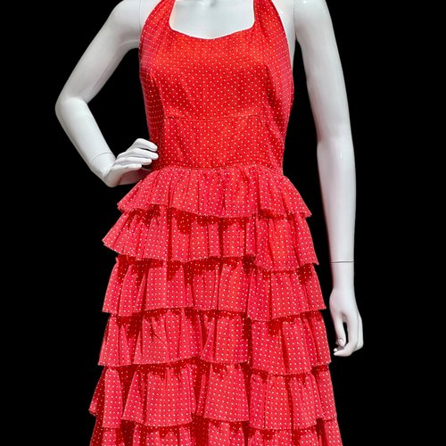 1970s vintage halter maxi dress, red white polka dot party dress