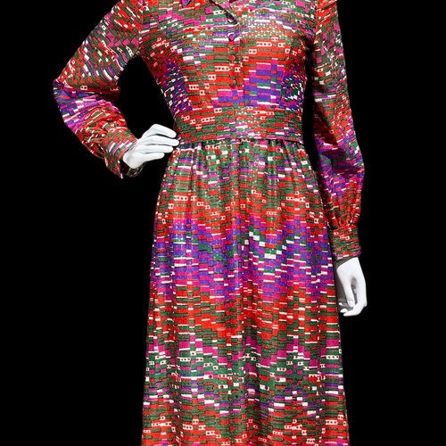 BRENNER COUTURE vintage 1970s hostess dress, silver metallic op art maxi dress