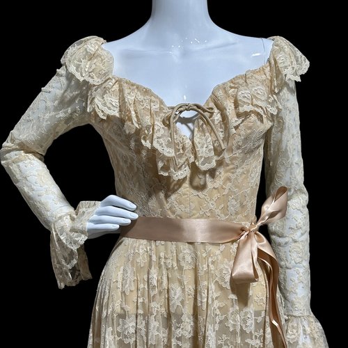 LES WILK 1970s vintage beige lace evening dress