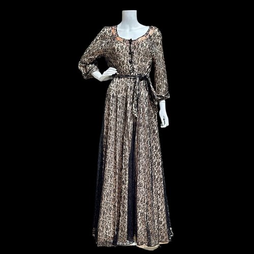 FLOBERT 1940s vintage dressing gown, black lace button front housecoat