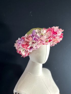 vintage 1960s flower hat, SCHIAPARELLI Designer green net open top floral wreath hat, Pink White Purple Green Midsommar summer flower crown
