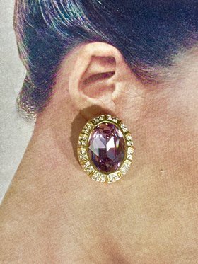 vintage CINER HUGE clip earrings, smoky purple faceted rhinestone gold clip on statement earrings, dynasty hollywood glam, 2 inches