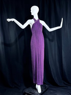 JEET evening gown, vintage Purple Silk Beaded Sheath Halter dress 