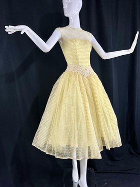 vintage 1950s prom dress, Sunny pale yellow swiss dot cupcake party dress, illusion top dropped waist full circle skirt, tea length dress
