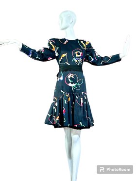 vintage 1980s dress, PAULINE TRIGERE Nan Duskin black abstract floral work day dress, Dropped waist ruffle hem, long sleeve knee length