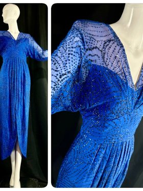 vintage evening dress gown, ROBERT COURTNEY Gene Roye 1980s party dress, Royal blue nubby sparkle dress, long sleeves tulip hem