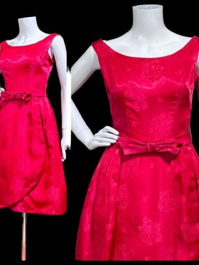 vintage evening dress, 1960s Fuchsia pink damask dress cocktail party dress, embossed floral rose print silk damask