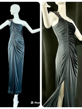 vintage evening dress gown, EUGENE ALEXANDER 1980s Slinky Black silk sheath party cocktail dress, One Shoulder Grecian Goddess Ruched gown