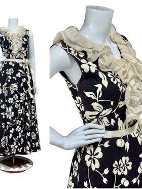 Vintage floral cotton dress, COCO CALIFORNIA, 1960s Black and Off White floral maxi cocktail party dress, Ruffled collar fit and flare
