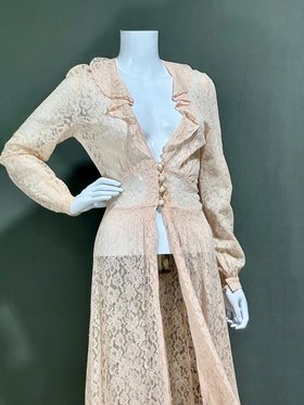 vintage dressing gown robe, 1940s FLOBERT dusty pink lace, sheer see through lace button front peignoir housecoat, ruffled collar