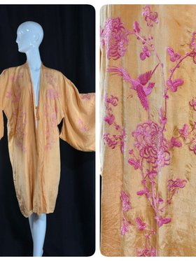 1920s silk flapper opera coat, Melon with Pink Embroidered Birds and Flowers