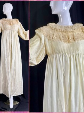 vintage wedding dress, VONNIE REYNOLDS, Martha Palm Beach, 1970s OOAK romantic boho white silky satin gown, pleated poet sleeve bridal gown