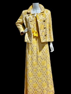 MOLLIE PARNIS Nan Duskin evening dress jacket set, 1960s mango gold floral silk damask 2 pc dress and coat ensemble, The Swans