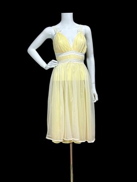 Gotham Gold Stripe 1950s vintage nightgown, butter yellow double chiffon Knee length goddess fairy gown