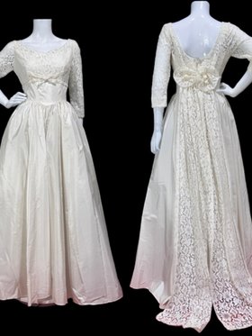 vintage wedding dress, 1950s White taffeta and lace full length bridal ball gown, nipped waist fit and flare with detachable train