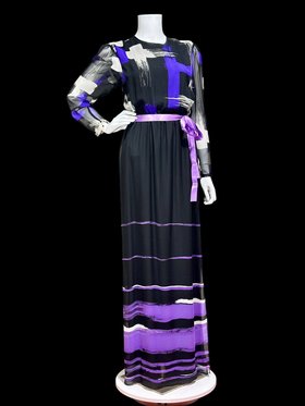 HANAE MORI vintage evening gown for Martha Palm Beach, black and purple poly chiffon dress