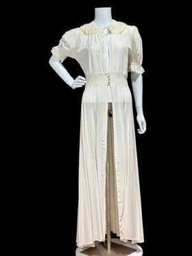 TULA 1940s vintage dressing gown, white rayon button waist housecoat night dress