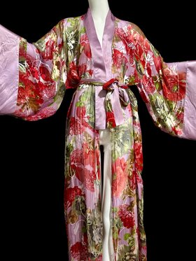ADAGIO Patricia Fieldwalker, ALL SILK kimono style dressing gown, Sheer see through floral wrap robe