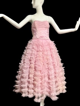1950s, CUSTOM MADE Prom Dress, Pink tulle and ruffle cupcake tea length gown