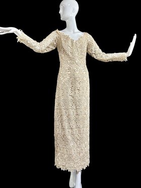 HELEN MORLEY vintage evening gown, beige open work lace sheath formal dress