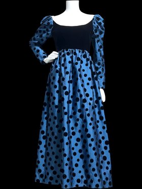Adele Simpson 1960s vintage evening gown, steel blue taffeta with black velvet flocked polka dots