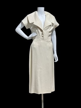 IRENE GALITZINE 1940s vintage oatmeal linen cocktail day dress, wide collar wiggle dress