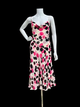ESCADA vintage silk slip dress, Pink Black polka dot sheath Cocktail Party Dress