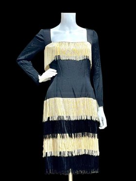 TRAVILLA 1960s vintage cocktail dress, black white fringed mod party dress