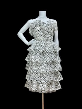 HANAE MORI vintage dress, black and white polka dot strapless tiered ruffle cocktail party dress