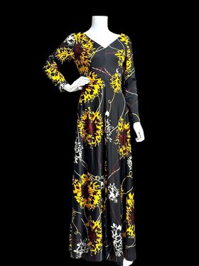 BETTS Made in JAMAICA, 1970s vintage Black and Orange floral jersey knit maxi dress