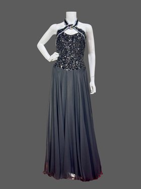 MIKE BENET FORMALS vintage prom dress, Black chiffon skirt with sequin halter bodice