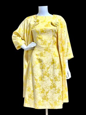 SUE GAIL 1960s vintage 2pc Yellow Damask Dress & Coat Set