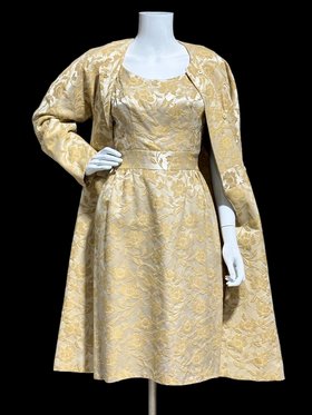 CUSTOM MADE 1960s vintage 2pc Gold Silk Damask Dress and Matching Coat