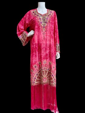 I MAGNIN 1980s Vintage caftan evening dress, cut work beaded sheer pink evening gown with Fringe