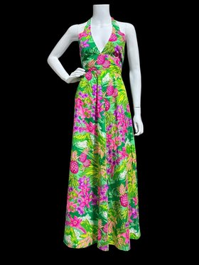HUKILAU FASHIONS 1970s vintage Hawaiian halter dress, cotton maxi party dress