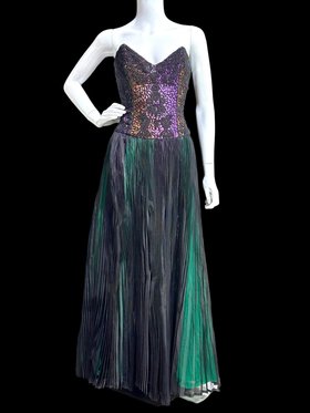 EAVIS & BROWN Vintage evening party dress, Beaded silk pleated slip dress